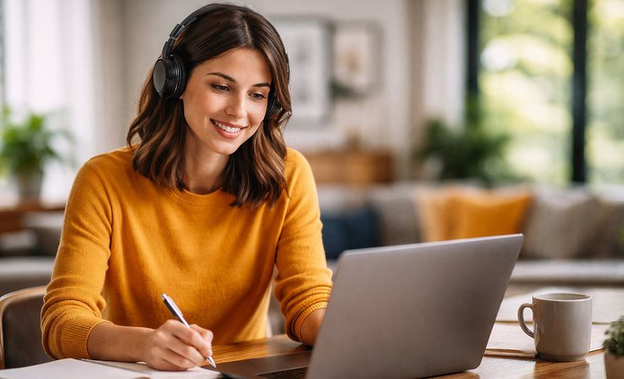 Uśmiechnięta kobieta pracująca przy laptopie w domowym biurze kobieta przy komputerze